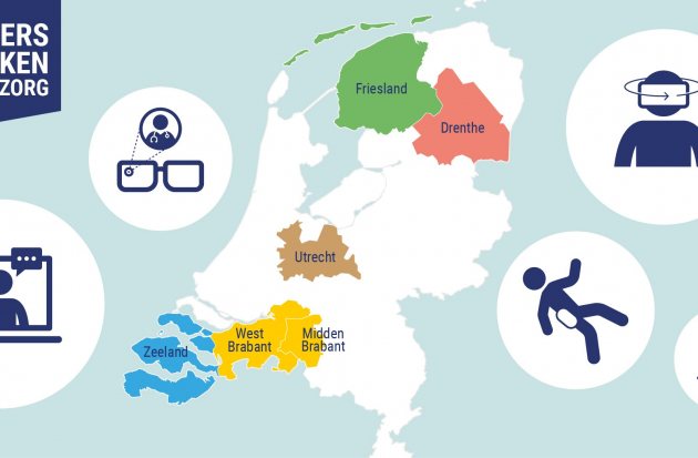 Landkaart met aangesloten regio's bij Anders Werken in de Zorg