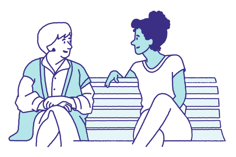Illustratie van een oudere en jongere dame zittend op een bankje